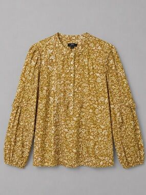 J. Crew Mustard Floral Pintuck Button-Front Blouse